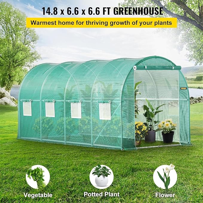 Walk-in Tunnel Greenhouse 14.8 x 6.6 x 6.6 ft Portable Plant Hot House w/ Galvanized Steel Hoops 1 Top Beam Diagonal Poles Zippered Door &amp 8 Roll-up Windows Green
