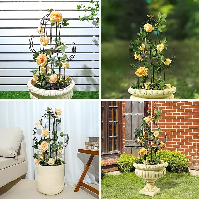 Cactus Obelisk Trellis - 16.34”x27.95” Unique Metal Design for Climbing Plants Garden Decorative Support Structure for Potted Tall Vines and Rose Bushes