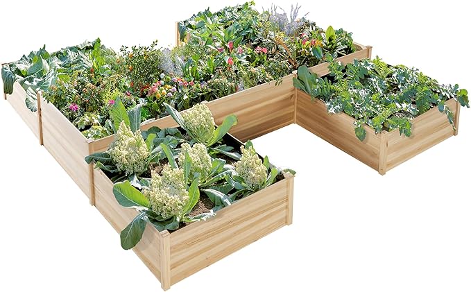 AMERLIFE 12x12x2 FT Wooden Raised Garden Bed H-Shaped Planter Box with Double-Layer Design 180 Cu. Ft Capacity for Outdoor Patio &amp Backyard