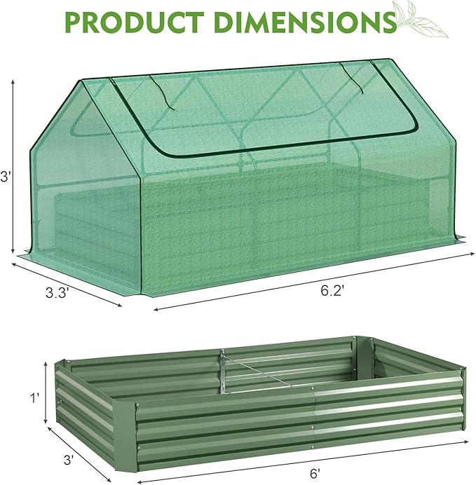 BPS Raised Garden Bed Set 6x3x1 FT Metal Bottomless Flower Bed with PE Cover for Outdoor Planting Green