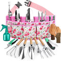 All-in-One Garden Tool Set with Tools Organizer Belt Adjustable 10-Piece Gardening Hand Tools Long Lasting Rust-Proof Premium Garden Tool Kit Gardening Gift for Women Men (Pink)