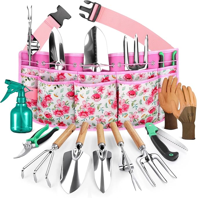 All-in-One Garden Tool Set with Tools Organizer Belt Adjustable 10-Piece Gardening Hand Tools Long Lasting Rust-Proof Premium Garden Tool Kit Gardening Gift for Women Men (Pink)