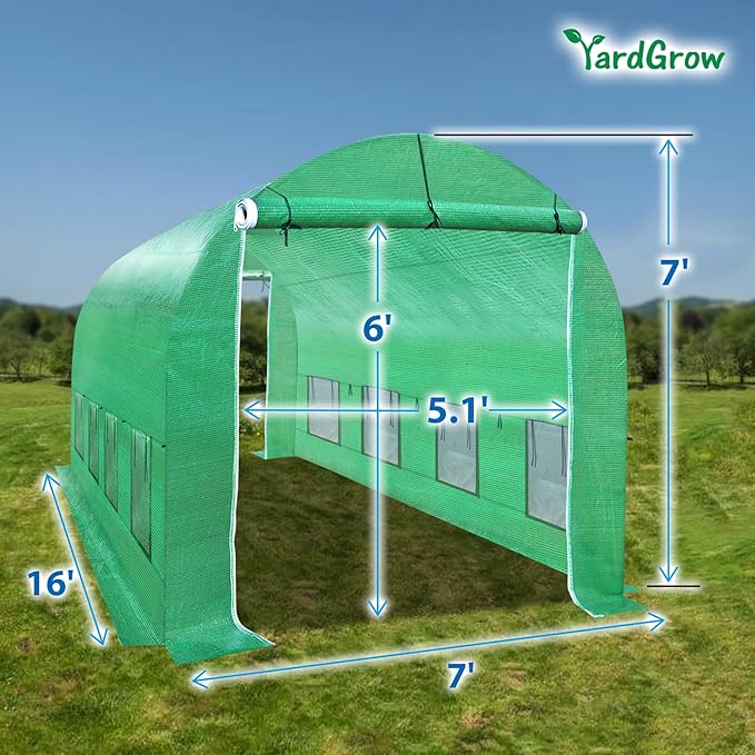 YardGrow 2-Doors Replacement Greenhouse Cover for Larger Walk in Outdoor Yard Plant Gardening Hot House Cover ONLY (12'x7'x7' Green)
