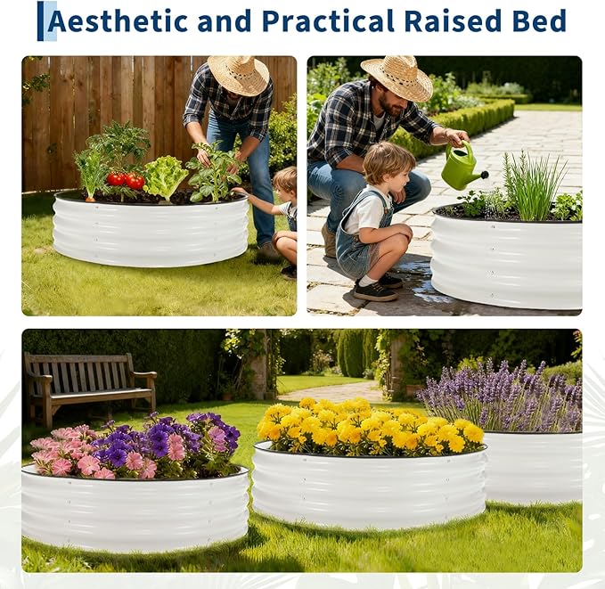 4x4x1ft Galvanized Raised Garden Bed Kit Oval Steel Planter Box with Open Bottom for Better Drainage &amp Root Growth Rust-Resistant Outdoor Flower &amp Vegetable Garden Bed Easy Assembly (White)