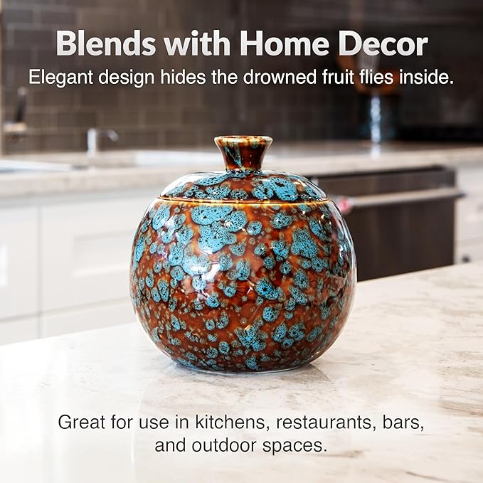Elevated Lifestyle Fruit Fly Jar Trap - Decorative and Effective Ceramic Fruit Fly Catcher Kid and Pet Friendly Fly Trap Indoor Ideal for Kitchens Restaurants and Homes - (Marbled Turquoise)