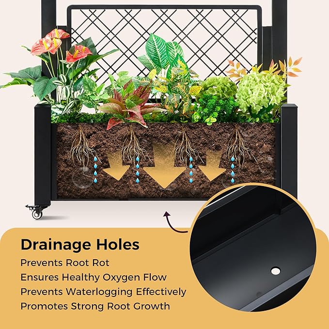 Metal Raised Garden Bed with Trellis 50Hx38Wx14D Inch Compact Planter Box for Climbing Plants Patio Balcony Garden Privacy Screen with Wheels and Drainage Holes Black