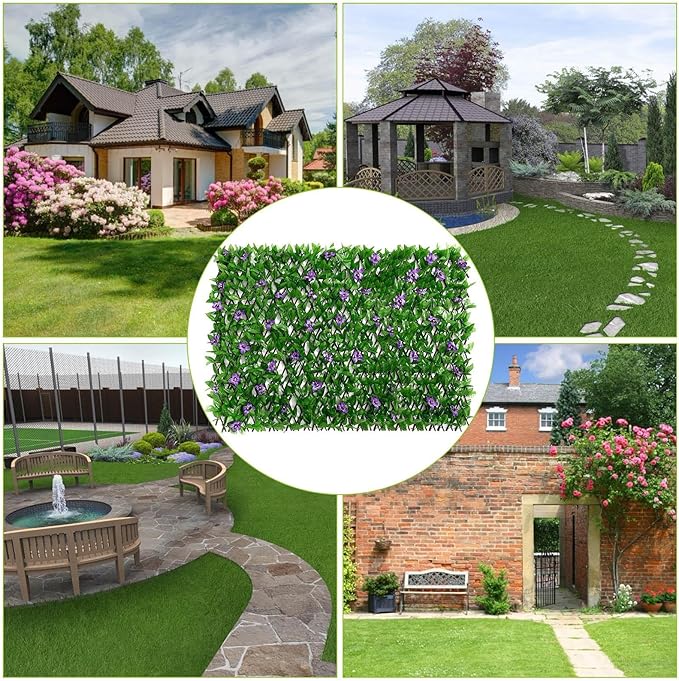 Expanding Garden Trellis Panel Artificial Hedge Wall Panels Garden Privacy Screen with Ivy and Violet Flower Adjustable Fake Leaf Wall Greenery Hedge Plant for Gardens Backyard Balcony