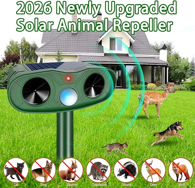 2026 4Pack Solar Ultrasonic Animal Repellent Outdoor Bear Repellent Devices Solar Cat Repeller Motion Detection Animal Repeller Outdoor to Scare Squirrel Rabbit Repellent Deterrent for Yard Farm