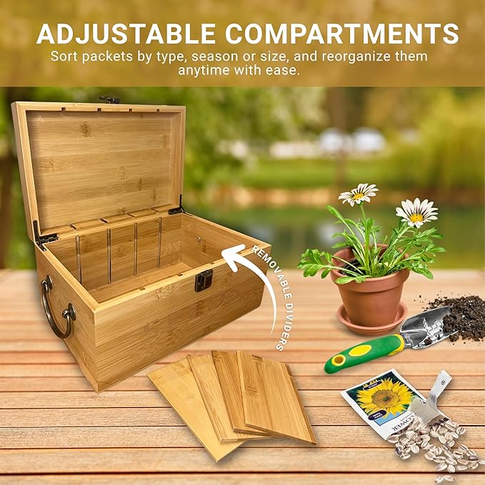 Bamboo Garden Seed Storage Organizer Box Wooden Seed Box with Removable Dividers Metal Handle and Latch Seed Keeper Organizer for Garden Seed Packets and Storage (10.59 x 7 x 5.12 in)