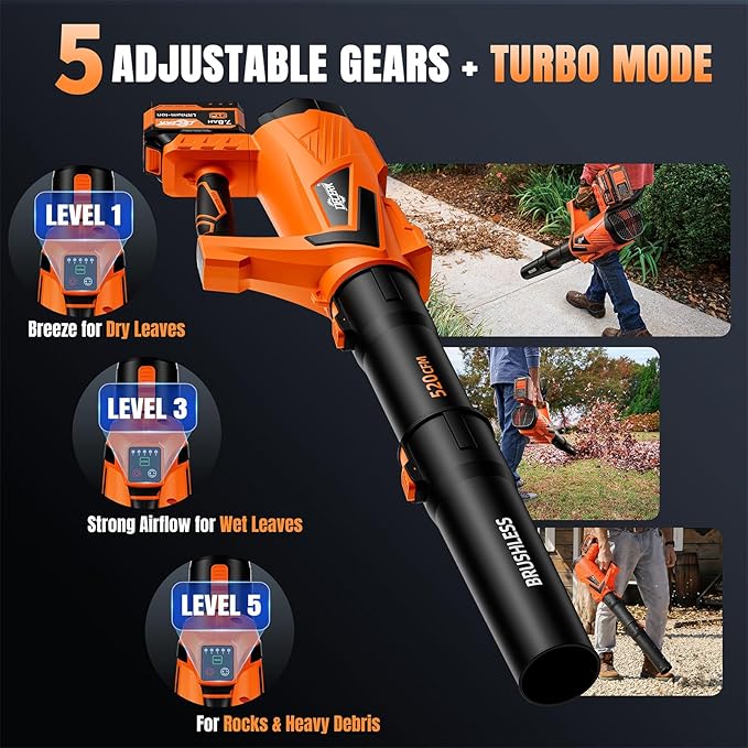 17000 RPM Cordless Leaf Blower with DECERK 7.8AH Battery - 530CFM Powerful Brushless Motor for Lawn Care 5-Speed Turbo Electric Blower for Dust Wet-Leaves Car Gutters Lightweight Garden Tool