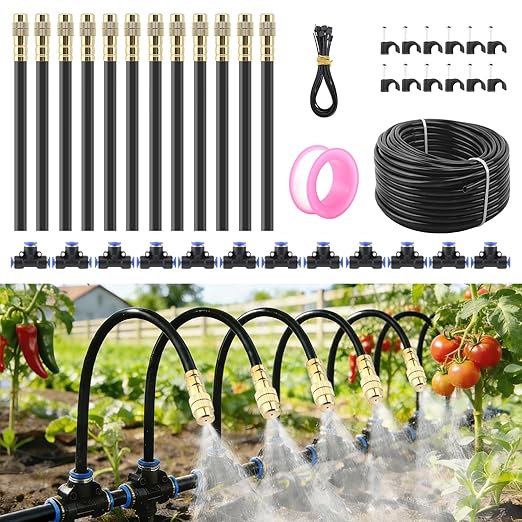 Automatic Drip Irrigation Kits - Garden Watering System with 360° Bendable Spray Adjustable Copper Atomizing Nozzles for Yard Lawn Raised Bed Greenhouse Potted Plants (15 Nozzles 50FT Hose)