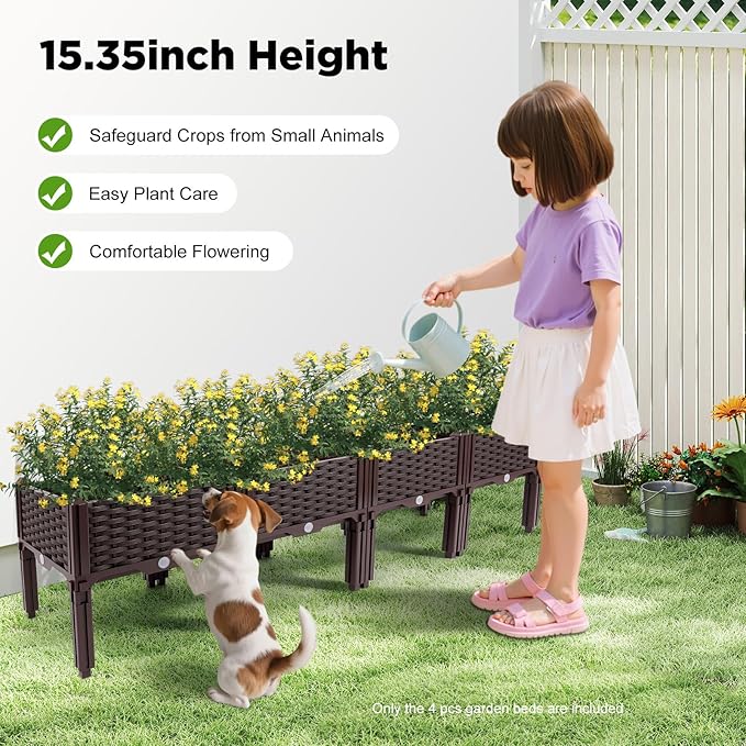 Elevated Garden Bed 4-Pack Rectangular Raised Planter Box for Vegetables Fruits and Herbs 15.35 Tall Premium PP Material Outdoor Indoor Use with Drainage Holes Brown
