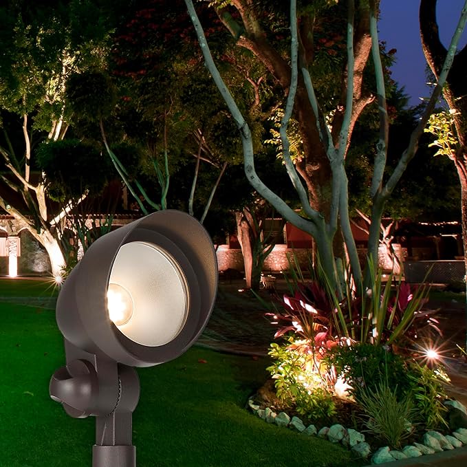 Maxxima LED Low-Voltage Landscape Light Fixture Garden Pathway Outdoor Lights 300 Lumens 3000K Warm White Hardwired Spotlight Adjustable Head for Yard 5W 12-24V AC/DC Weather Resistant Brown 2-Pack