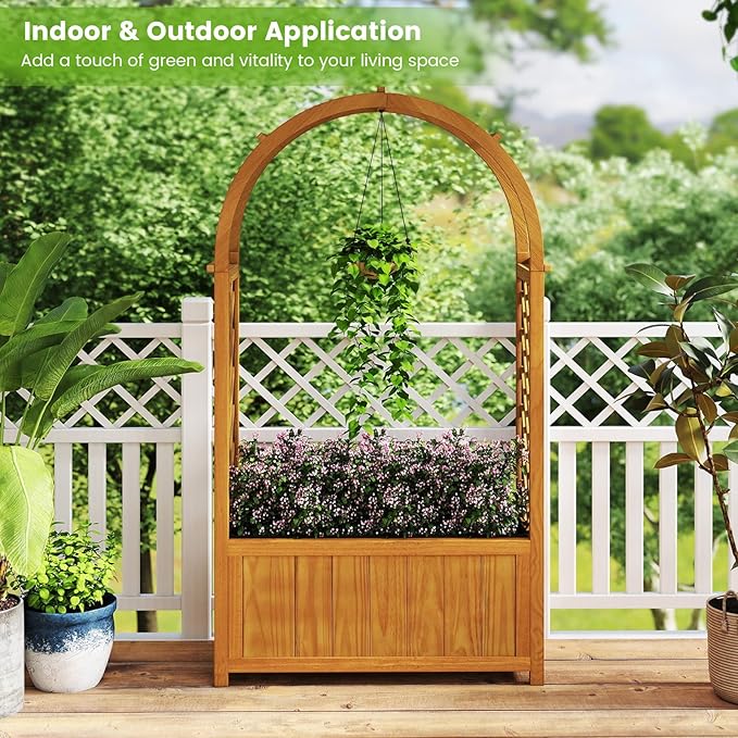Giantex Raised Garden Bed with Arch Lattice Trellis for Climbing Vine Flower Vegetable Wood Planter Box with Liner &amp Drainage Design Outdoor Plant Container for Yard Balcony (33x15x57)