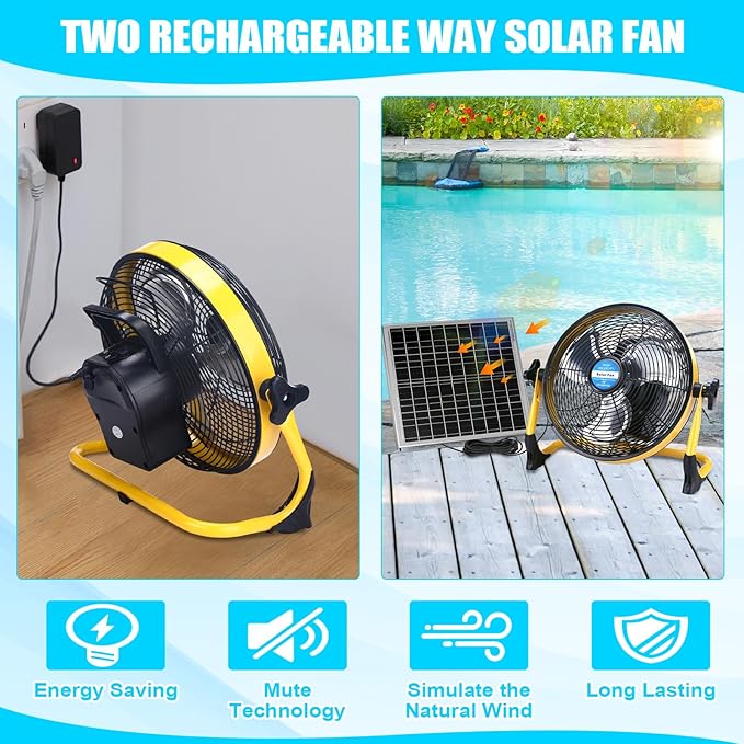 Sumind Solar Powered Fan 15000mah 20w Portable Ventilador Rechargeable Camping Fan Battery Powered with Panel and Light for Outside Home Travel Chicken Coop Shed Greenhouse(Yellow10 Inch)