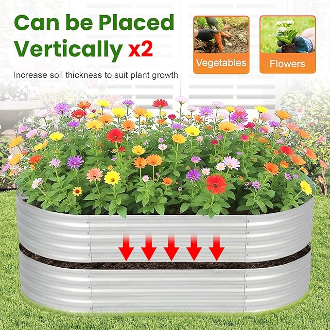 PayLessHere 6x3x1FT Galvanized Garden Bed Outdoor Elevated Raised Garden Bed Vegetables Flowers Garden Bed Galvanized Steel Garden Planter Box Oval Raised Bed Kit Silver