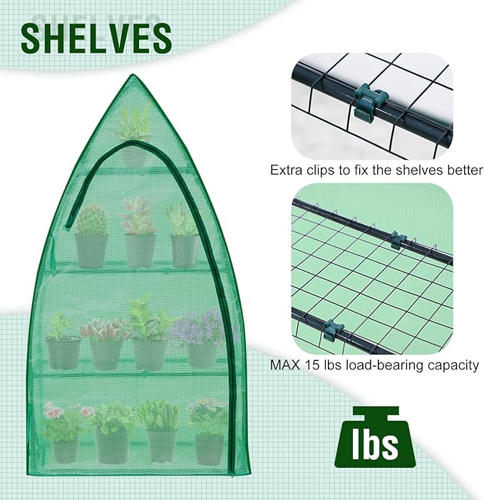 EAGLE PEAK 4-Tier Mini Greenhouse Portable Green House with Shelves &amp Weather-Resistant PE Cover Small Greenhouse for Seedlings &amp Gardening Gifts 35x18x63 in Clear/Green