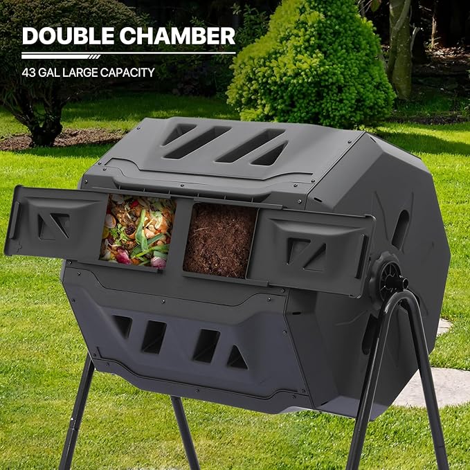 MoNiBloom 43 Gallon Compost Tumbler Outdoor BPA Free Large Dual Chamber Tumbling Compost Bin All-Season Fast Working Tumbling Composter High Volume Composter with 2 Sliding Doors