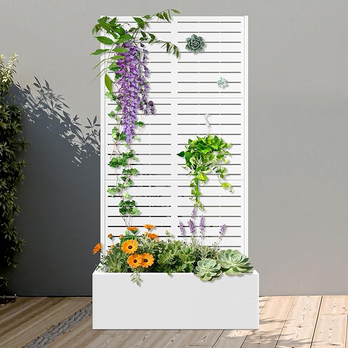 FENCY Metal Raised Garden Bed with Trellis Metal Planter Box with Trellis Garden Box for Climbing Plants Vegetable 35 Lx16 Wx71 H Garden Bed with Drainage Holes(White-Louvered)