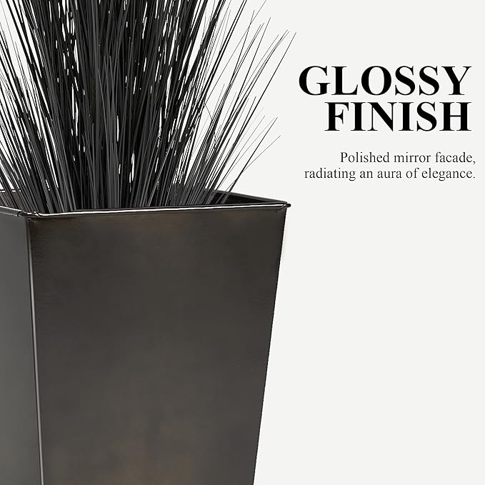 Worth Garden Large Metal Glazed Planter Set of 2 (25 + 28) Luxurious Glossy Finish Black Tall Square Tapered Steel Plant Pot Decor Flower Pot Indoor &amp Outdoor Drainage Hole &amp Dual-Purpose