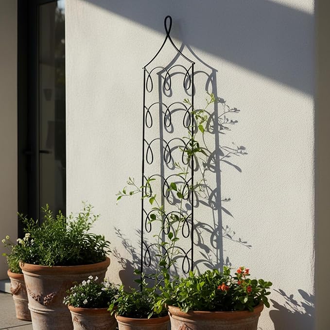Gingerbread Cottage Wrought Iron Garden Trellis Freestanding Vertical Plant Support Storybook Cottage Style 72 H x 18 W Black Powdercoated