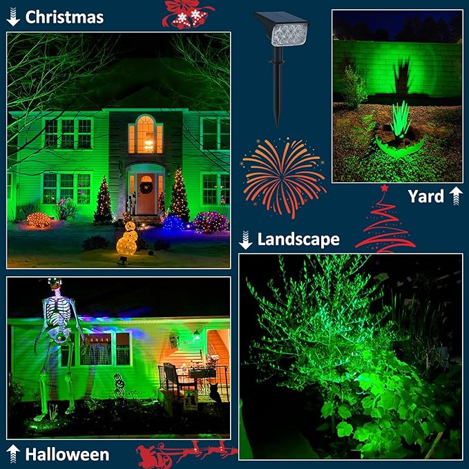 T-SUNUS Halloween Solar Spot Lights Red IP65 Waterproof Green Landscape Spotlights Solar Powered Wall Lights Dark Sensing Auto On/Off 2 Modes Outdoor Garden Lights for Yard Porch 6 Pack