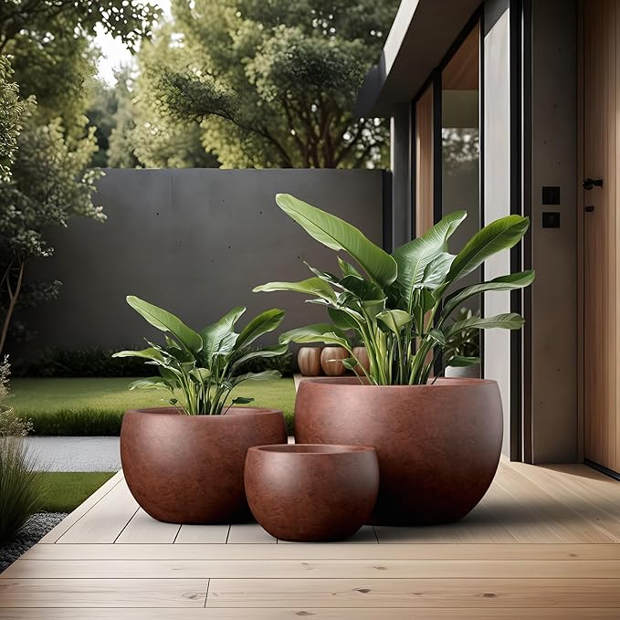 Kante 19.915.711.8 Dia Round Concrete Planter Set of 3 Outdoor/Indoor Large Bowl Plant Pots with Drainage Hole and Rubber Plug for Garden Patio Balcony Home Rusty