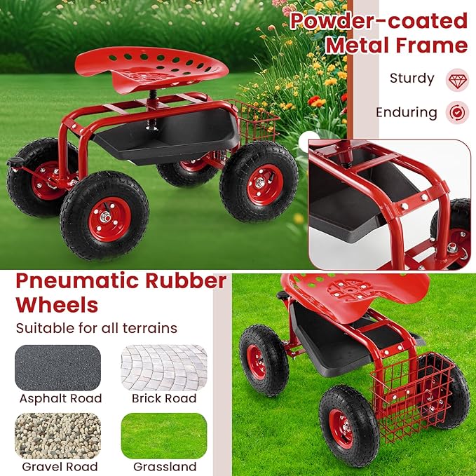 Giantex Garden Workseat 360 Swivel Rolling Seat with Wheels Tools Basket Gardening Cart with Seat Adjustable Height Wagon Scooter for Patio Lawn Yard Outdoor Steerable Stool (Red)