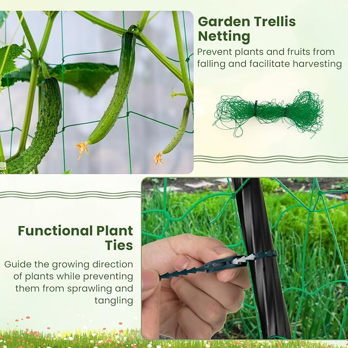 Giantex Cucumber Trellis Trellis for Climbing Plants Outdoor Garden Trellis w/Netting PE-Coated Metal Clips Plant Support for Flower Vine Grape Vegetable Fruit Adjustable Shape 31x 26x74