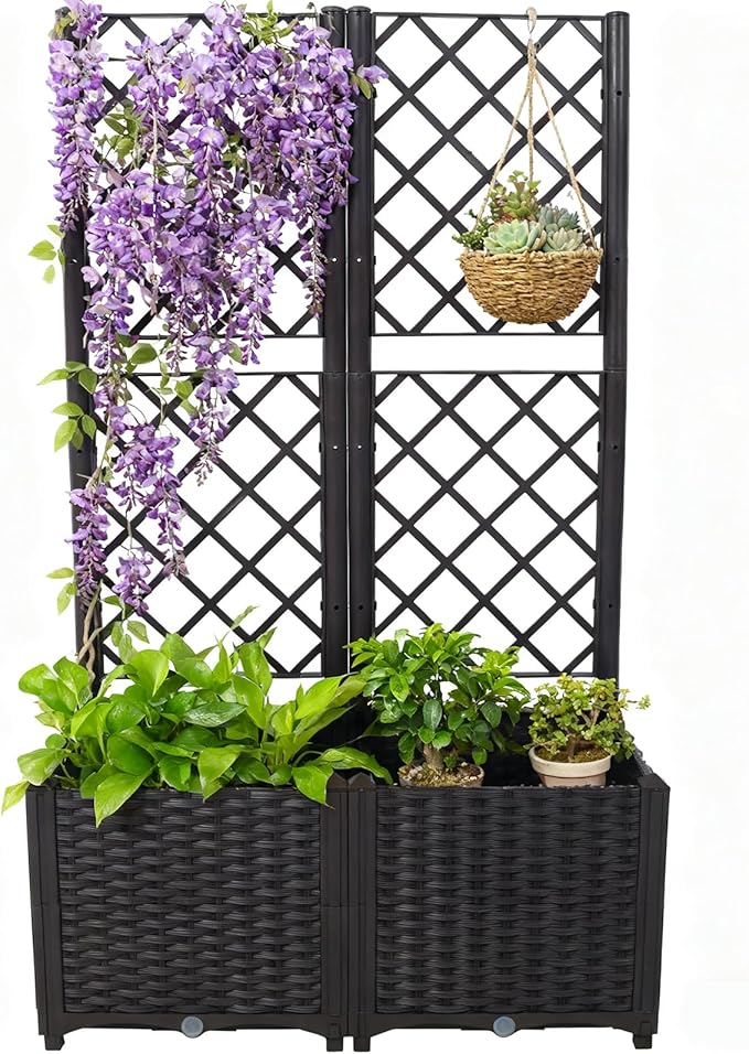 53.5 H Horticulture Garden Planter with Trellis Poly Rattan Brown Trellis Raised Bed with Drainage Plug for Climbing Plants/Vines Raised Garden Bed Garden Planter Box for Flowers Herbs Brown