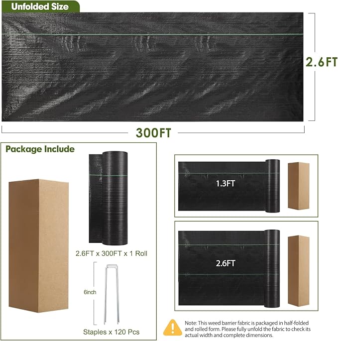 HongWay 2.6FT x 300FT Weed Barrier Fabric Garden Cloth Woven Landscape Fabric Heavy Duty with 120 U-Shaped Securing Pegs Lawn Weed Block Mat Ground Cover for Garden Beds Farming
