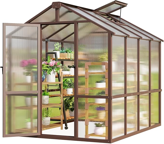 6x8 FT Wooden Greenhouse with Cedar Frame Walk-in Heavy Duty Green House for Outdoors with 6MM Thick Polycarbonate Panel and Adjustable Roof Vents Garden Backyard Patio Lawn Brown
