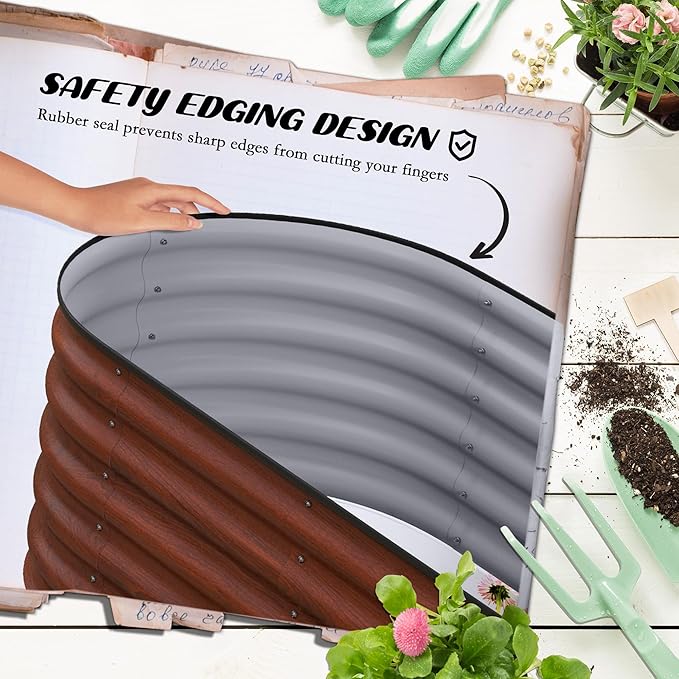 3.5' x 2' x 1.4' Galvanized Raised Garden Bed Kit Outdoor Metal Elevated Planter Box with Safety Edging Easy DIY Stock Tank for Growing Flowers Herbs Vegetables Brown