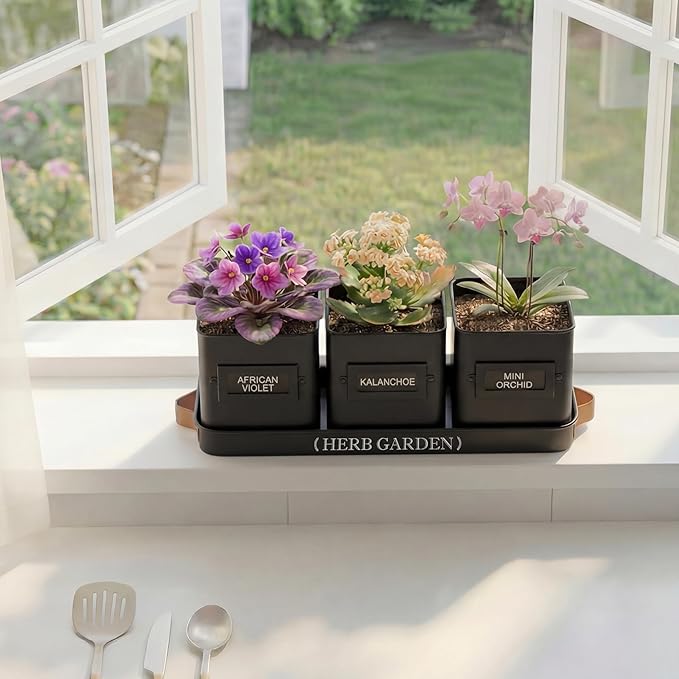 PERFNIQUE Indoor Herb Garden Herb Planter Set with Tray Farmhouse Indoor Plant Pots Windowsill Herb Garden with Drainage(Planter only) for Indoor/Outdoor Window Pots(Matte Black)