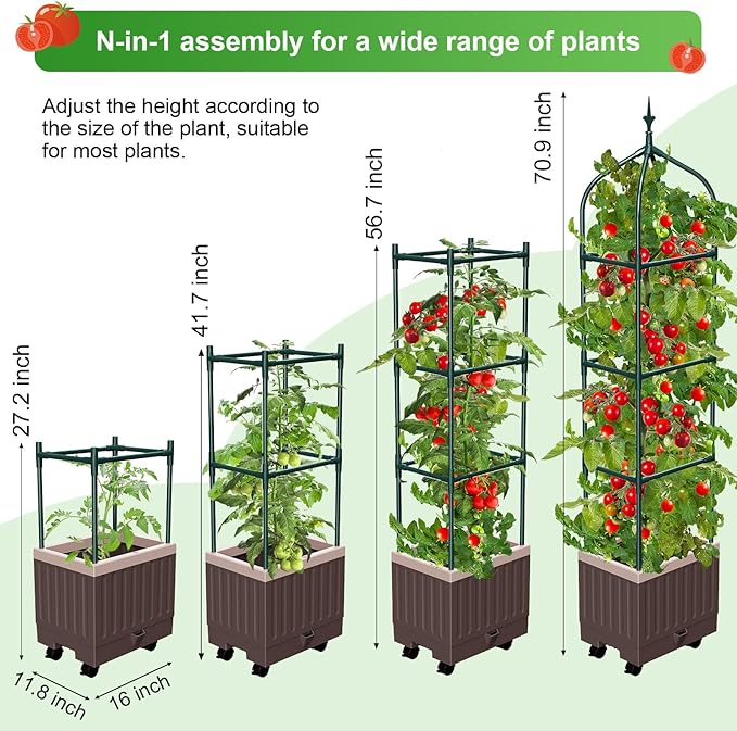 Raised Garden Bed Planter Boxes with Trellis1pcs 70.9Self-Watering Tomato Planter Boxes with Trellis for Climbing Vegetables Plants Flowers Tomato with WheelsUse for Indoor Outdoor (Brown)