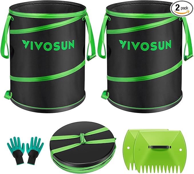 VIVOSUN 30-Gallon Collapsible Garden Bag Yard Waste Bin with Hard-Shell Bottom Leaf Scoops and Gloves Collapsible Yard Waste Containers for Lawn Care and Camping 2-Pack