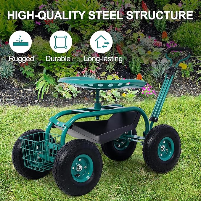 Donext Garden Cart Outdoor Rolling Garden with Wheels 360 Degree Swivel Seat Wagon Scooter with Steering Handle &amp Utility Tool Tray Green