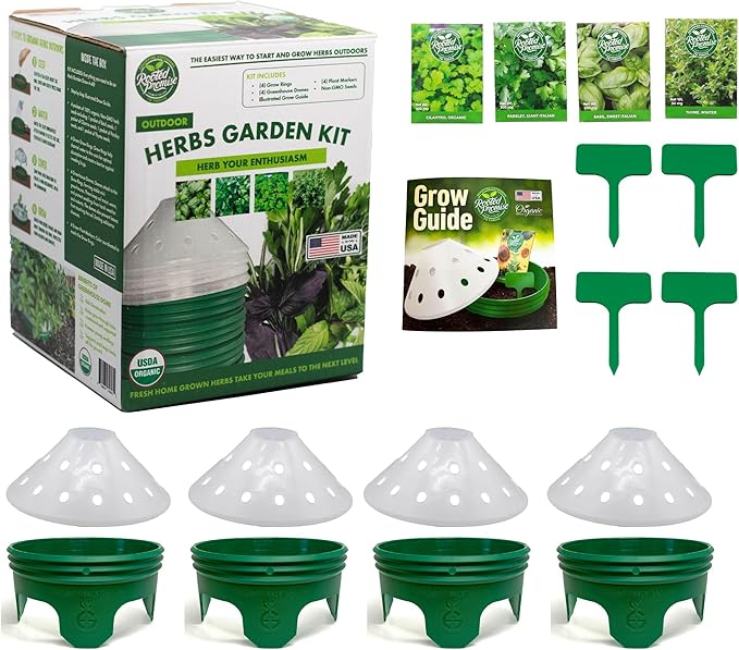 4 Herb Garden Kit with Grow Rings and Greenhouse Germination Domes – Certified Organic Herb Planter Kit – Gardening Gift for Mom Teachers Women and Men – Made in USA