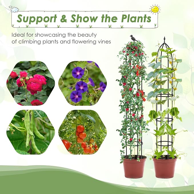 Happygrill Garden Trellis for Climbing Plants 78” Tall Metal Obelisk Trellis w/Adjustable Height Gloves Cable Ties 2 in 1 Plant Cages &amp Supports for Flowers Vegetables Vines Indoor Outdoor