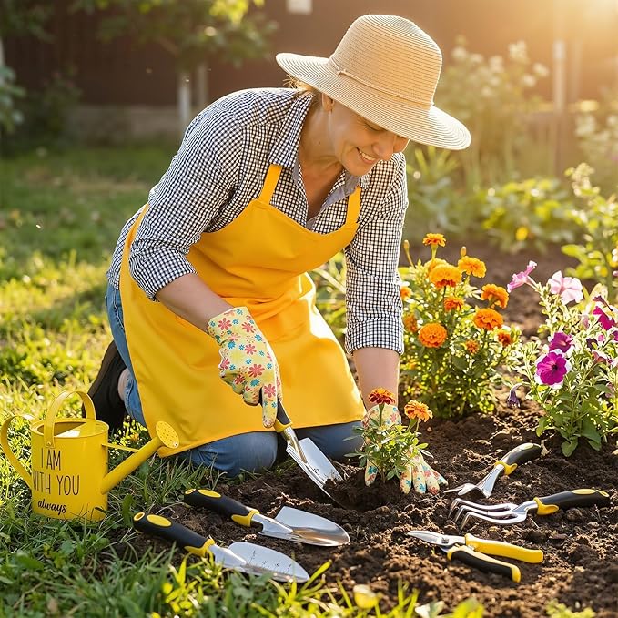 9 Pcs Garden Tools Set Gardening Gifts for Women Include 6 Heavy Duty Garden Hand Tools 1. 6L Christian Galvanized Metal Watering Can Apron Gloves Ideal Gifts for Women Mom Grandma(Yellow)