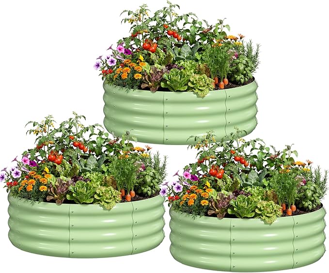 DoCred 3 Pack 3x3x1Ft Round Galvanized Raised Garden Bed Metal Garden Bed Outdoor Kit for Gardening Above Ground Planter Box for Plants Vegetables Herbs Flowers Green