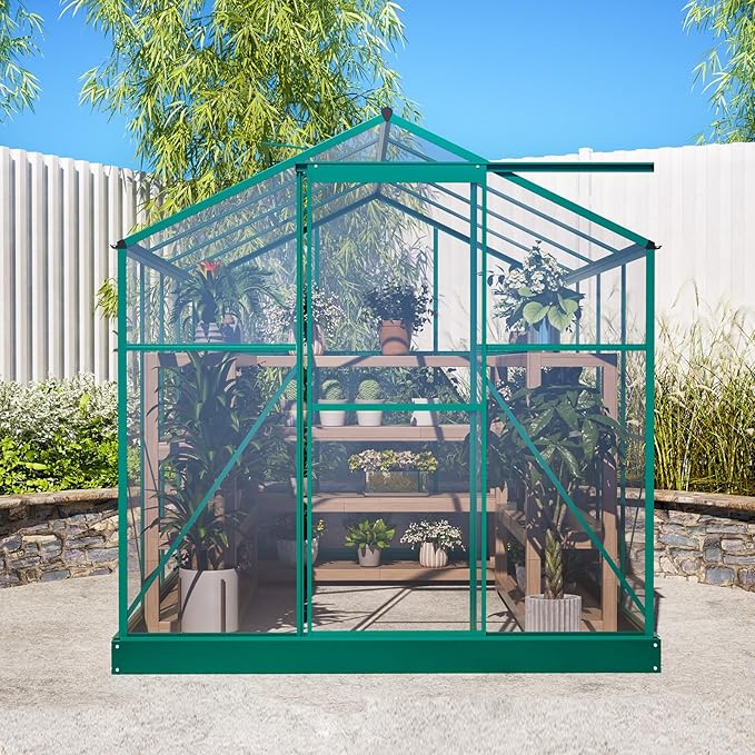 6x8 FT Walk-in Greenhouse Kit with Polycarbonate Panels &amp Aluminum Frame Green Houses for Outside with 2 Vents Greenhouses for Outdoors with Lockable Door Backyard Discovery Greenhouse (Green)