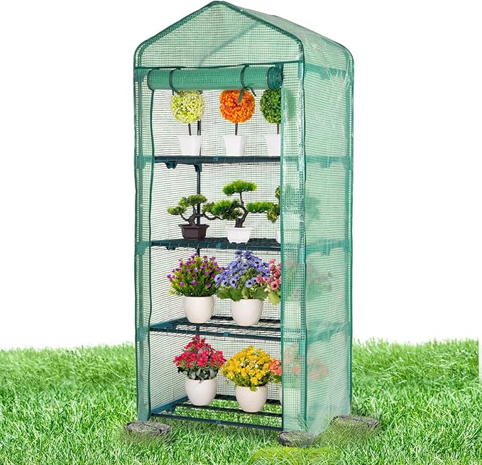 Idzo Mini Greenhouse for Indoor Outdoor Small Plastic Plant Green House 4-Tier Rack Stand Portable Greenhouses with Durable PE Cover for Seedling