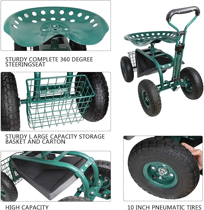 Garden Cart with Seat Rolling Garden Seat with Extendable Steer Handle Tool Tray and Storage Basket Garden Patio Wagon Scooter for Planting Indigo