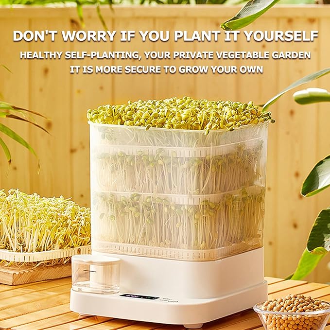 Bean Sprouts Machine 1.5L Automatic Smart Bean Cultivater 3 Layer Large Capacity Seed Sprouter Kits 360° Automatic Spray with Led Display Time for Rad