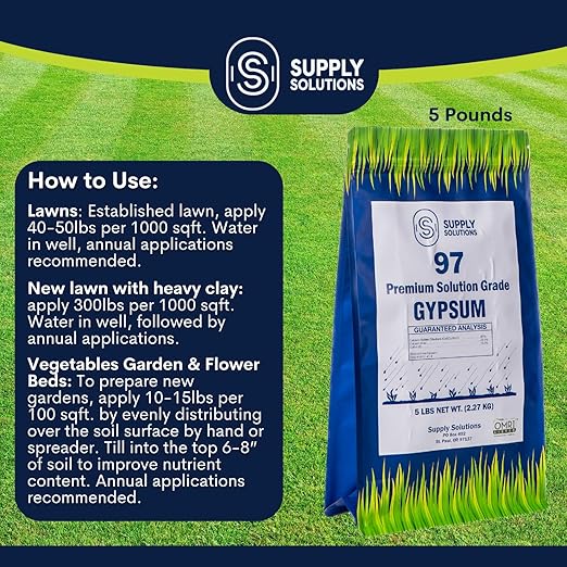 Supply Solutions Premium 97 Solution Grade Gypsum - Fast Acting Gypsum for Soil - Organic Calcium Sulfate Dihydrate - Gypsum Powder for Root Growth Lawns Mushroom Cultivation (5lbs)