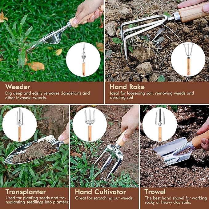 YAUNGEL Gardening Tools Set of 10 Heavy Duty Gardening Hand Tools Stainless Steel Garden Tools with Wooden Handle Storage Garden Bag Gardening Gifts for Women and Men