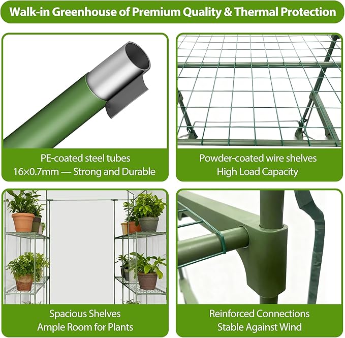 Walk-in Greenhouse 48 x 73 x 75 Inch Outdoor Plant Green House with 3 Tiers 12 Shelves Heavy Duty Steel Frame &amp Thicken PE Cover Portable Greenhouses for Balcony Patio Deck Gardening