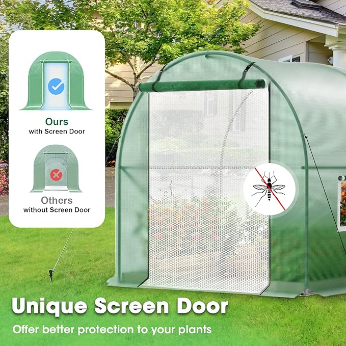 Walk-in Greenhouse with Watering System 10x7x7 FT Heavy Duty Tunnel Green House for Outdoors Gardening Plants Protable Plastic Cover Hot House with Metal Frame