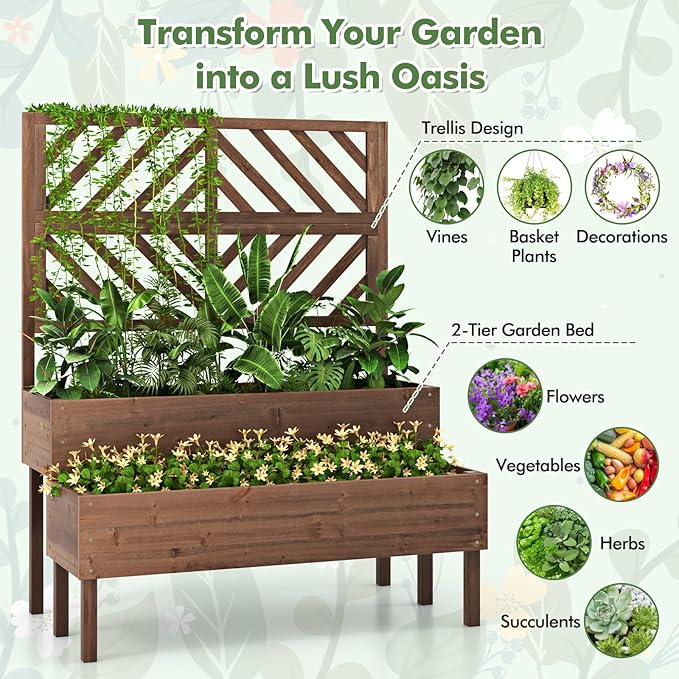 LDAILY Raised Garden Bed with Trellis &amp 2 Planter Boxes 2-Tier Wooden Raised Bed with Bottom Elevated Legs &amp 10 Drainage Holes Gardening Planter Box for Flowers/Vegetables/Fruits in Backyar